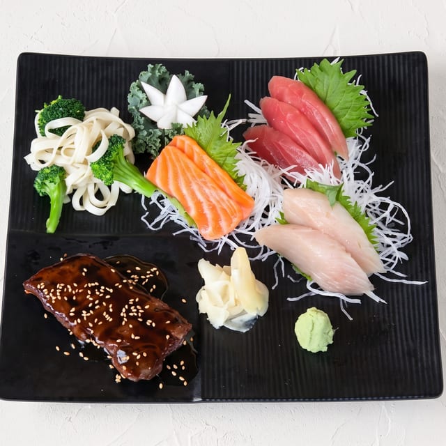 Beef Teriyaki and Sushi or Sashimi Dinner Combination.