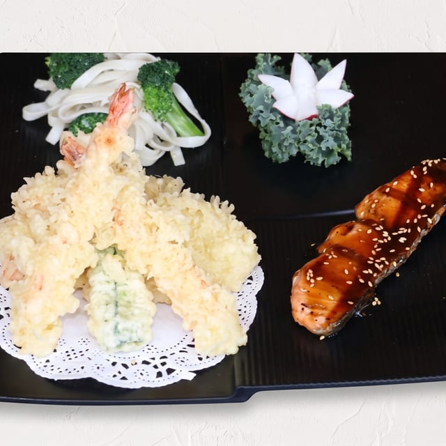 Salmon Teriyaki and Tempura Dinner Combination.